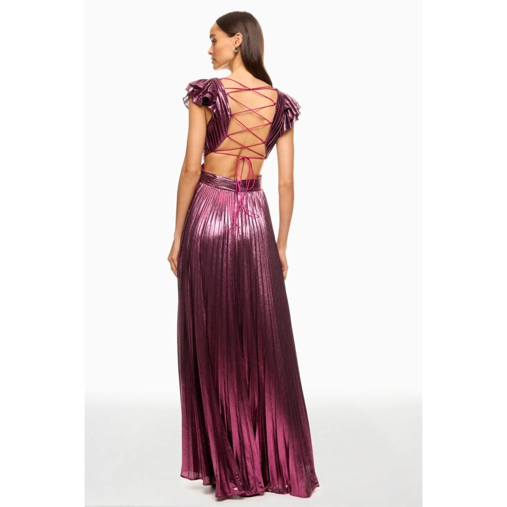 Ieena for Mac Duggal Ruffle Sleeve Metallic Gown Pleated Lace-Up Back Dress 12 - Picture 4 of 15